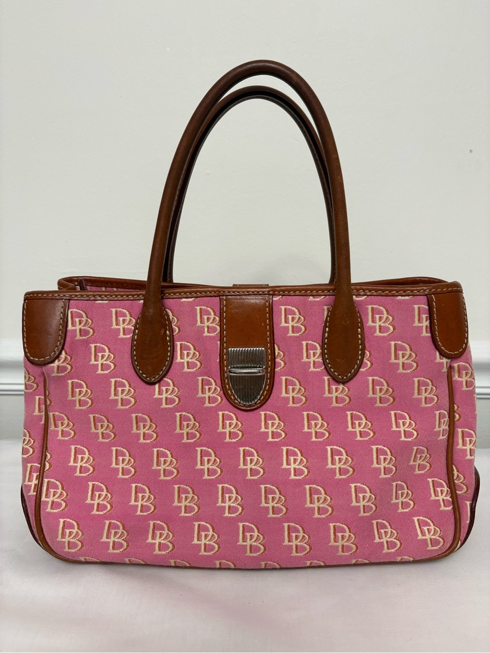 Dooney & Bourke Pink Logo Satchel with Brown Leather Trim